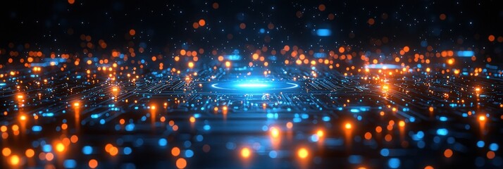 Poster - Abstract Circuit Board with Glowing Blue and Orange Lights
