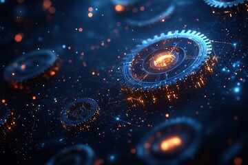 Aufkleber - Glowing Mechanical Gears in a Dark Blue Abstract Background