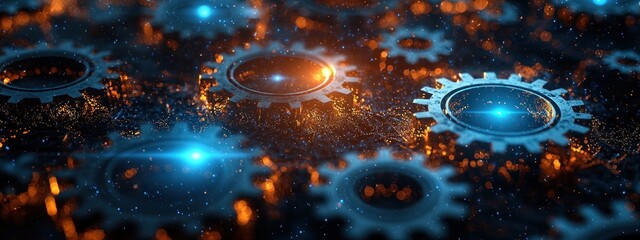 Fototapete - Abstract Gear Arrangement with Blue and Orange Lights