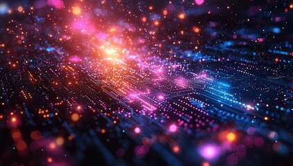 Poster - Abstract Neon Circuit Board with Bokeh Lights