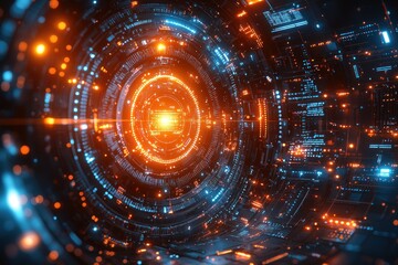 Poster - Abstract Futuristic Tunnel with Orange and Blue Lights