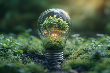 Leinwandbilder - A small tree growing inside a light bulb surrounded by green foliage.