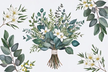 Wall Mural - Watercolor Eucalyptus Bouquet Set with Jasmine Flowers and Greenery for Wedding Invitations and Cards