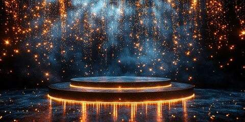 Poster - Black Circular Platform with Gold Sparkles and Glowing Edges