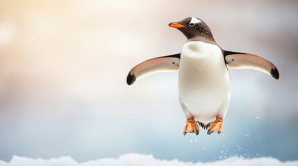 Wall Mural - graceful gentoo penguin jumps with wings spread wide over snowy antarctic landscape, showcasing wild