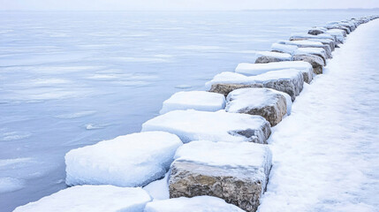 Wall Mural - snow-covered breakwater rocks guarding a frozen lakeshore on an extremely chilly winter day