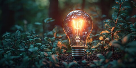 Poster - A Glowing Light Bulb Amidst Lush Greenery