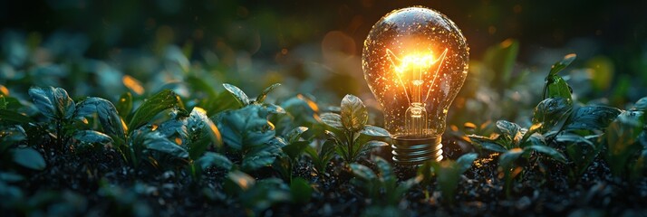 Poster - Illuminated Lightbulb in Lush Green Foliage