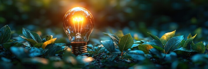Leinwandbilder - Illuminated Light Bulb Among Lush Green Foliage