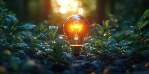 Aufkleber - A Glowing Light Bulb Amidst Lush Green Foliage