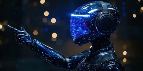 Poster - A futuristic metallic robot with glowing blue lights, pointing with its robotic hand