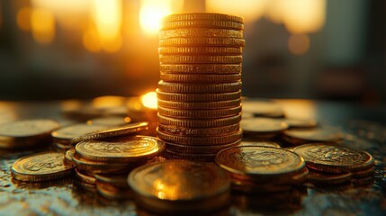 Aufkleber - Stack of Gold Coins with Sunlit Background