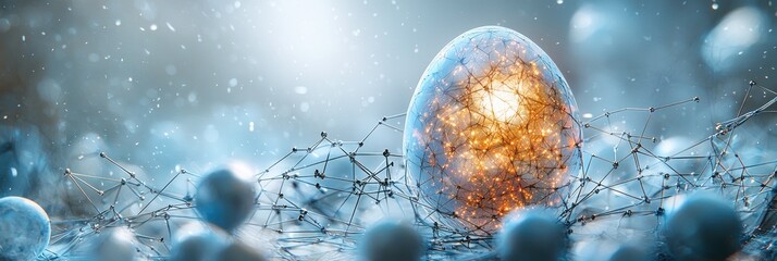 Poster - A glowing egg encased in a web of interconnected metal rods