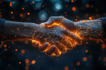 Poster - Glowing Handshake with Interconnected Lines and Orange Lights