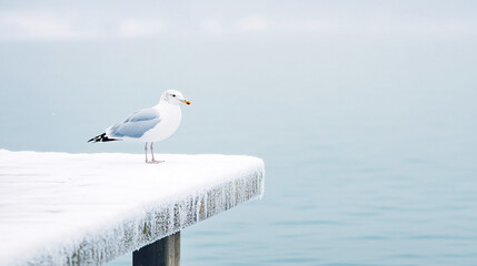 Wall Mural - herring gull perched on snowy pier gazing at tranquil winter waters in europe