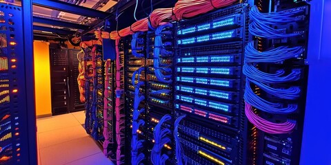 Poster - Rows of Server Racks with Vibrant Colored Network Cables