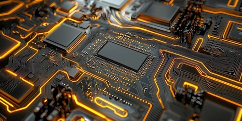 Poster - Close-up of a Circuit Board with Glowing Orange Lines