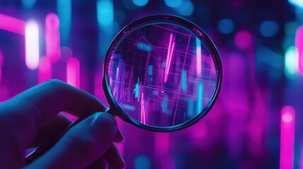 Leinwandbilder - Hand Holding Magnifying Glass Focused on Neon Stock Chart
