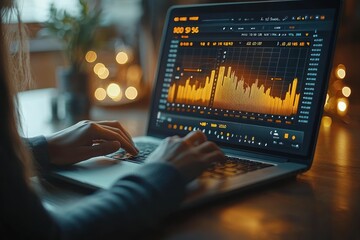 Leinwandbilder - Woman's Hands Typing on Laptop with Stock Market Data Displayed