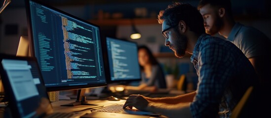 Poster - Focused Programmer Working Late at Night in Front of a Computer with Code on the Screen