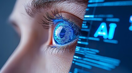 A detailed shot of a woman's eye, featuring 'ETHICAL AI' illuminated on a neon, futuristic tech backdrop, symbolizing the blend of human ethics and stock.