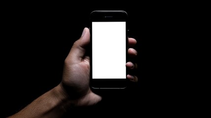Fototapete - A Hand Holding a Smartphone with a Blank White Screen in a Dark Room