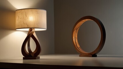 Wall Mural - Illuminated modern wooden table lamps; one with a fabric shade, the other a minimalist ring design.