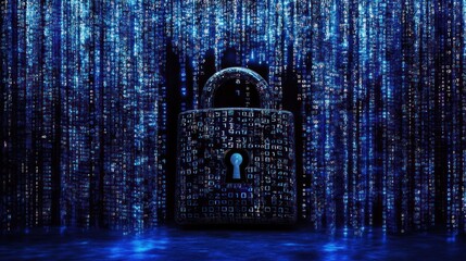 Aufkleber - A silver padlock in the foreground is standing in front of a blue binary code background.