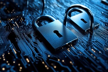 Aufkleber - Two silver padlocks on a blue circuit board, symbolizing cybersecurity and data protection.