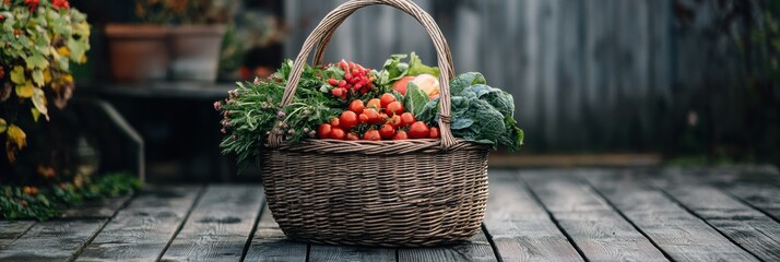 Poster - A wicker basket is filled with freshly picked vegetables, showcasing vibrant colors and natural textures from a rural harvest on a sunny day. Generative AI
