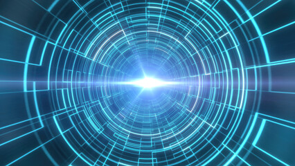 Wall Mural - blue digital tunnel with concentric lines and central light source, creating a sense of depth, movem