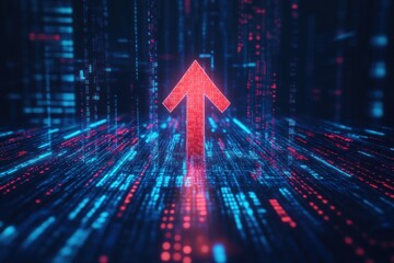 Poster - A red arrow pointing upwards in a field of binary code, symbolizing growth and advancement in the digital age.