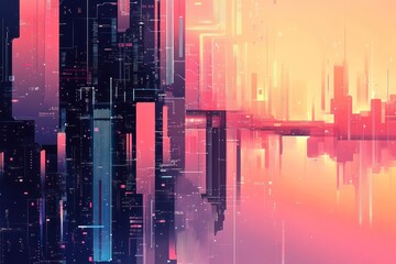Poster - Futuristic cityscape reflected in water with pink and orange sunset.
