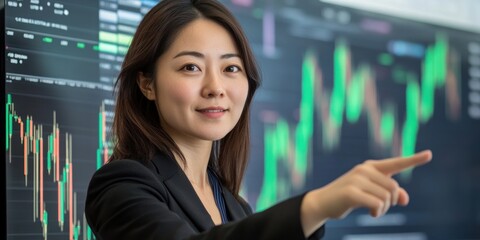 Leinwandbilder - A businesswoman in a black suit pointing at a stock market chart on a screen.