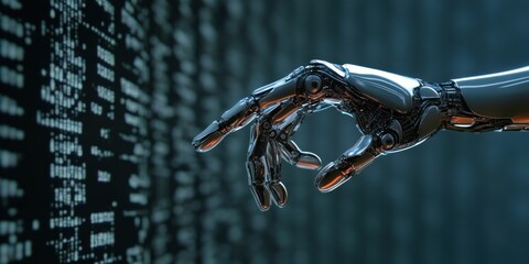 Aufkleber - A robotic hand reaching out towards a background of binary code, suggesting the concept of artificial intelligence and technology.