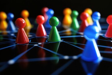 Poster - Colorful game pieces on a black background with a blue web of connected dots.