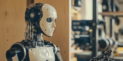 Poster - A close-up view of a humanoid robot's head, showcasing its intricate mechanical design and realistic facial features.