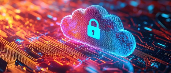 Fototapete - Digital Cloud Security with a Padlock on a Circuit Board