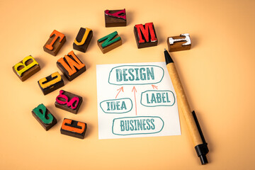 Wall Mural - design concept. notepad and wooden alphabet letters on a light background