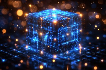Fototapete - Glowing Blue Cube with Circuitry and Bokeh Lights