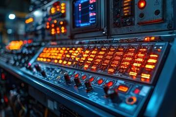 Close-up of an industrial control panel with illuminated buttons and a screen