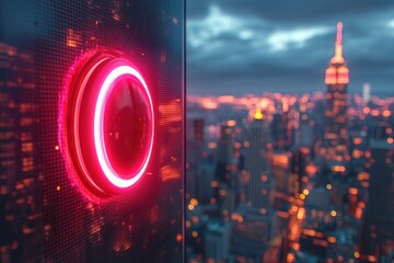 Fototapete - A Circular Neon Light Against a Blurred Cityscape