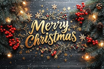 Poster - Golden Merry Christmas Greeting with Evergreen Branches and Red Berries