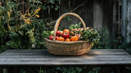 Aufkleber - A wicker basket overflowing with vibrant, fresh vegetables sits on a wooden table amidst a lush garden setting, capturing the essence of harvest. Generative AI