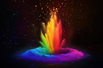 Poster - Vibrant rainbow Holi powder explosion on dark background. Colorful powder bursts upward creating vibrant design. Festive Holi celebration scene with rainbow colors, dark background. Abstract art