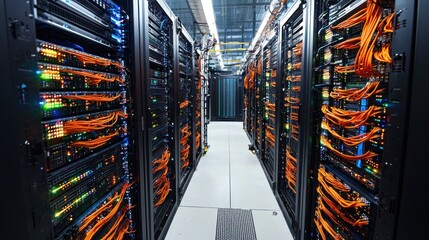Poster - Rows of Server Racks with Orange Cables in a Data Center
