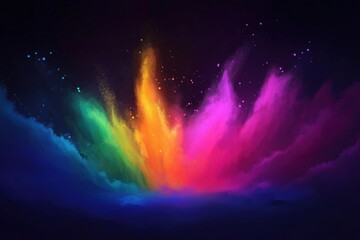 Poster - Vibrant rainbow Holi paint explosion against dark background. Colorful powder bursts create dynamic, festive design. Abstract art style shows motion, energy. Perfect for party themes, celebration