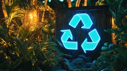 Leinwandbilder - Illuminated Blue Recycle Symbol Amidst Lush Tropical Foliage