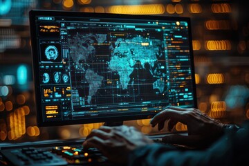 Poster - A Person Using a Computer with a Digital World Map Displayed on the Screen