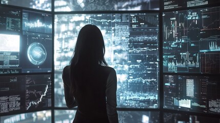 Poster - A Silhouetted Woman Stands Before a Wall of Data-Filled Screens